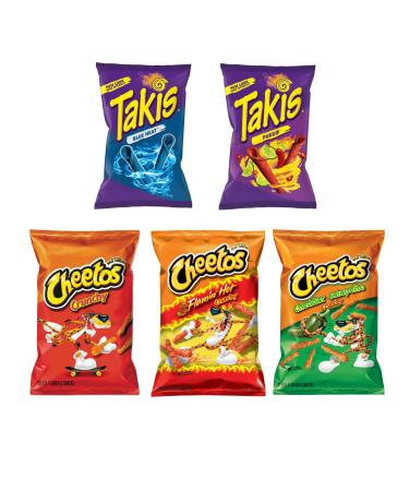 Popular American Crisp Bundle 5 Pack of Takis Fuego 4oz / 113.4g Blue Heat 3.25oz / 92.3g Flaming Hot/Cheddar Jalape o/Crunchy 8oz/226.8g