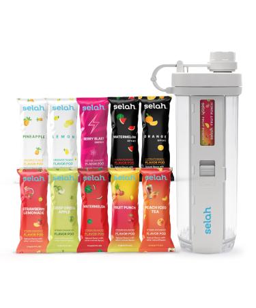 Selah Flavored Water Bottle - 20oz Water Bottle With Flavor Pods Included - Energy Drink Pods Flavor Cartridges Water Enhancer and Sports Drink Pods (White 10 Flavor Pods) 10 Flavor Pods White