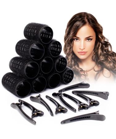 Mirzian 20 Pcs Hair Rollers Black - 10 Heatless Self Grip Velcro Curlers 10 Duckbill Clips Black Hair Curlers for Long Hair No Heat Rollers (35mm)