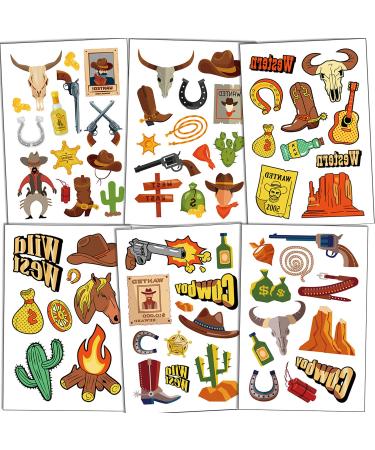 Konsait Western Cowboy Temporary Tattoos - Assorted Wild West Collection for Rodeo & Cowboy Parties (6 Sheets) - Buy Online on GoSupps.com