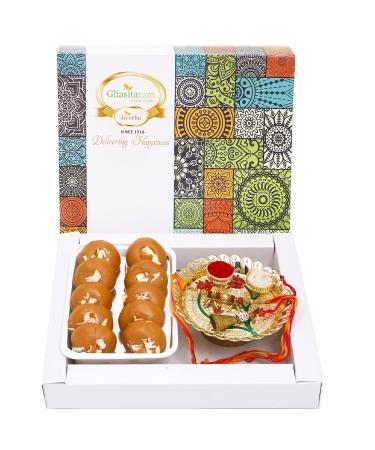 Ghasitaram Gifts Rakhi Gifts for Brothers White Box of Mathura Peda Pooja Thali and Bhaiya Bhabhi Rakhis Box of Mathura Peda Pooja Thali and Rakhis
