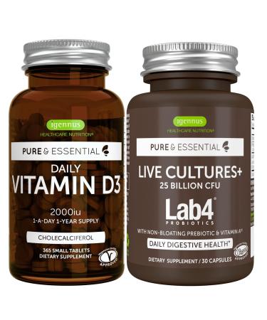 Daily Vitamin D3 + Live Cultures+ Lab4 Probiotics Bundle 365 2000iu Vitamin D3 Tablets + 25 Billion CFU Lactobacillus Acidophilus & Bifidobacterium with Non-Bloating Prebiotic by Igennus