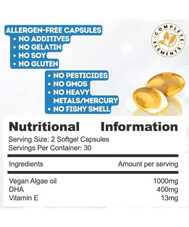 Vegan Omega-3 Algae Oil Capsules - Sustainable Alternative to Fish Oil | 60 High Strength Capsules with 400mg DHA & Vitamin E | Vegetarian Essential Fatty Acids from UK Small Family Company - Buy Online on GoSupps.com