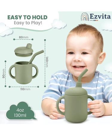 Ezvita Silicone Sippy Cup with Straw | Spill Proof Lid, Anti-Slip Handles | Fun Learning Tumbler for Babies & Toddlers | Freezer, Microwave, Dishwasher Safe - Silver Sage - Buy Online on GoSupps.com