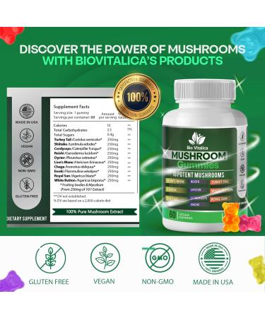 BIO VITALICA Lions Mane Mushroom Gummies - Adult Blend with 10 Mushrooms Complex for Immune Support - Mushroom Supplement (1) - Buy Online on GoSupps.com