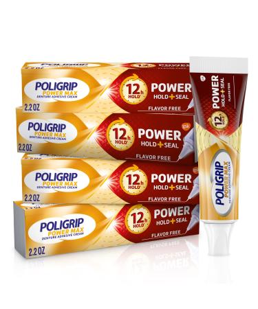 Poligrip Power Max Power Hold Plus Seal Denture Adhesive Cream, Denture Cream for Secure Hold and Food Seal, Flavor Free - 2.2 oz (Pack of 4)