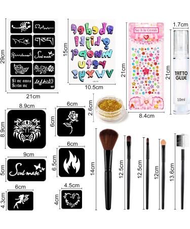 Temporary Glitter Tattoo Kit - 30 Colors, 6 Stencils, Body Glue, Brushes, Stickers, Rhinestones - Adults & Kids Halloween, Christmas, Birthday Party Makeup Gift - Buy Online on GoSupps.com