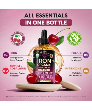 Liquid Iron Supplement for Women 18 mg - USDA Organic Drops USA-Made - with Folate Vitamin B12 & B6 - Iron Level & Energy - Gentle & High Absorption Glycinate Form - Cherry Flavor Sugar-Free 4 oz 4 Fl Oz (Pack of 1) - Buy Online on GoSupps.com
