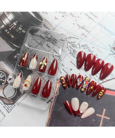 Shop Medium Press on Nails - Almond Acrylic Nails with Gold Burgundy French Tips & 3D Charms - Perfect Glue on Nails for Women - Buy Online on GoSupps.com