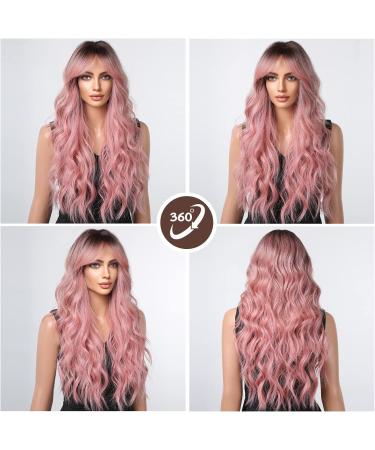 HAIRCUBE Long Pink Wig for Women - Dark Rooted Synthetic Hair with Fringe - Buy Online on GoSupps.com