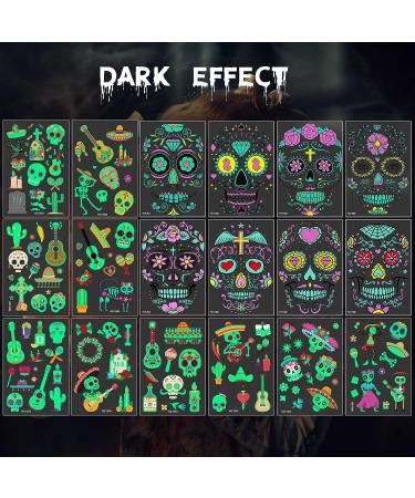 Halloween Glow in the Dark Face Tattoos - 18 Luminous Waterproof Sugar Skull Stickers for Kids & Adults - Perfect for Masquerade Party - Buy Online on GoSupps.com