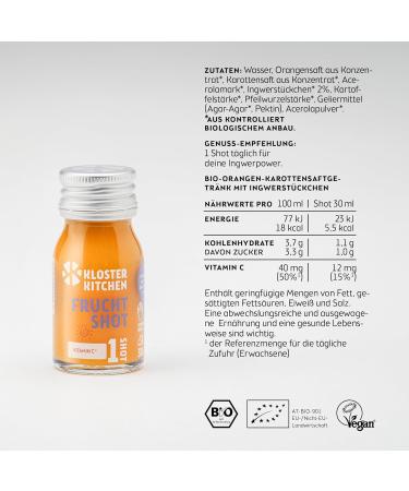 Kloster Kitchen Pack of 7 Organic Ginger Shots - 30ml - With real pieces of ginger - Vegan in a convenient glass bottle - Fruity and sweet with no additives and a touch of sweetness - Buy Online on GoSupps.com