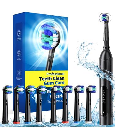 Rotating Electric Toothbrush for Adults with 8 Brush Heads (2 Types) 4 Modes Deep Clean Electric Toothbrush with Rechargeable Power and 2 Min Smart Timer Rechargeable Last 25 Days 1-black