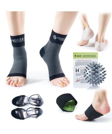 Plantar Fasciitis Foot Pain Relief & Recovery Kit-Compression Foot Sleeves, Heel Cups, Cushioned Arch Supports, Gel Inserts & Spiky Massage Ball-Fast Pain Relief for Heel & Arch L-XL