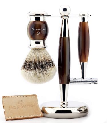JAG Shaving Luxury Razor Set for Men | Double-Sided Razor Silver Tip Brush Stand Bowl & Leather Case - Perfect Gift for Grooming - Buy Online on GoSupps.com
