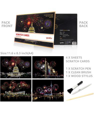Fireworks Scratch Art Paper Kit for Adults & Kids - DIY Night View Scratchboard Set with Stylus/Black Brush 8.2''x11.4 - Buy Online on GoSupps.com
