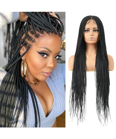 Humistwbiu Braided Wigs for African American Women Full Double Lace Front Square Knotless Box Braid Wig with Baby Hair Japan-made Lightweight Synthetic Black Hand Braided Wigs 36 Inch (1B)