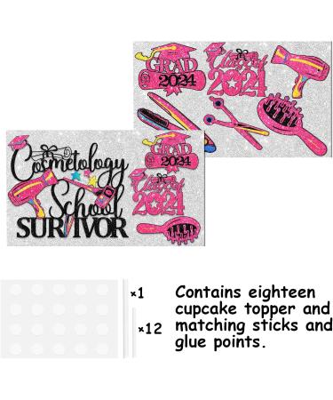 Pink Glitter 1pcs Cake Topper 12pcs Cupcake Topper Pick for Congrats I Survived Cosmetology School Hairstylist Theme Decor Supplies Boys Girls 2024 College Graduation Party Decorations - Buy Online on GoSupps.com