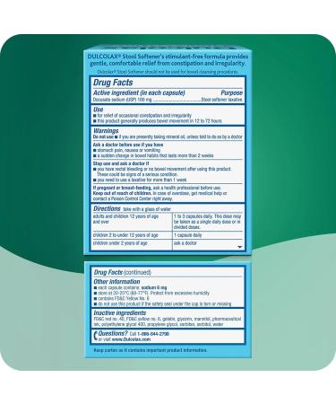 Dulcolax Stimulant Laxative Tablets Gentle Overnight Constipation Relief Bisacodyl 5mg 100 Ct Stool Softener Laxative Liquid Gel Capsules for Gentle Relief Docusate Sodium 100mg 25 Ct - Buy Online on GoSupps.com
