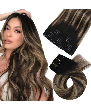 Moresoo clip in extensions real hair black remy hair extension real hair clip black balayage hair extensions clips black to dark brown with caramel blond #1b/3/27 5PCs 70g 25 cm #1b/3/27