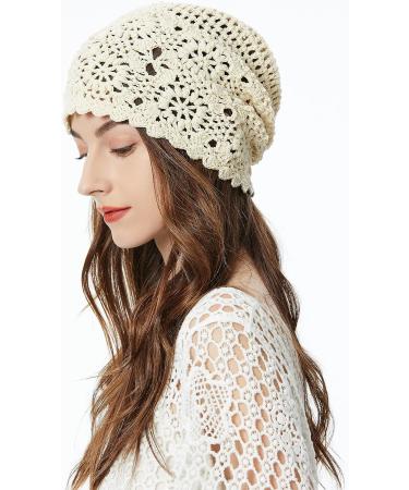 ZLYC Women Cotton Crochet Slouchy Beanie Hat - Handmade Knit Cutout Summer Floral Skull Cap in Solid Beige - Buy Online on GoSupps.com