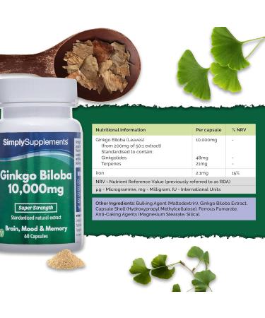 Ginkgo Biloba 10,000mg | 60 Capsules | High Strength Extract for Reduced Tiredness & Fatigue | Vegan & Vegetarian | UK Made - Buy Online on GoSupps.com