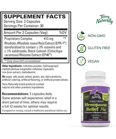 Terry Naturally Menopause Relief Plus | Rhodiola & Black Cohosh Complex | Vegan Capsules | Hot Flash & Night Sweat Relief | Energy & Mood Support | Non-GMO & Gluten-Free | 60 Servings - Buy Online on GoSupps.com