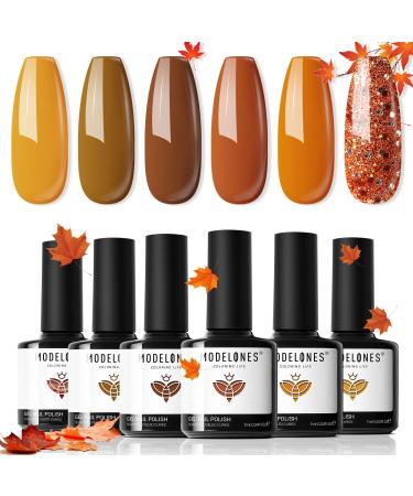 Modelones Gel Nail Polish 6 Colors Fall Brown Gold Gel Polish Set Orange Yellow Glitter Nail Polish Gel Soak Off UV Gel Nail Kit Holiday Manicure Nail Art Gifts for Women Girls DIY Home Salon