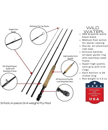 Wild Water Fly Fishing 9' 4-Piece 3/4 Weight Rod Deluxe Combo Starter Package - Buy Online on GoSupps.com