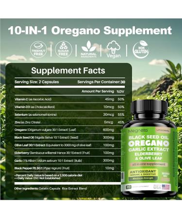 MEGNETA 10-in-1 Oregano Oil Capsules Oil of Oregano with Black Seed Oil & Olive Leaf 60 Counts - Buy Online on GoSupps.com