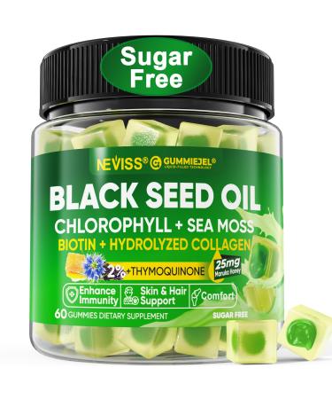 Black Seed Oil Gummies Chlorophyll & Sea Moss Supplement 500mg Biotin 500mcg with Hydrolyzed Collagen for Skin Hair & Nails Vit E C Zinc for Overall Health Organic Cold Pressed High Absorption