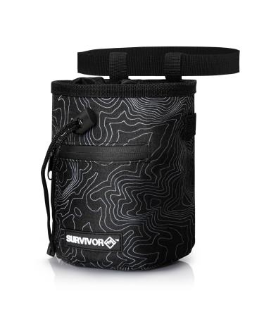 SURVIVOR Chalk Bag - Iconic Topographical Map, Draw String Closure, 2 Zippered Pockets, & Brush Holder - Chalk Bag for Rock Climbing, Bouldering, Weightlifting, Gymnastics & More Black Topo