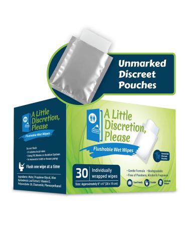 A Little Discretion, Please | Individually Wrapped Flushable Wipes For Adults in Discreet Unmarked Packaging | Unscented, Septic and Sewer Safe | Travel Wipes, Individual Wipes Biodegradable (30 Ct)
