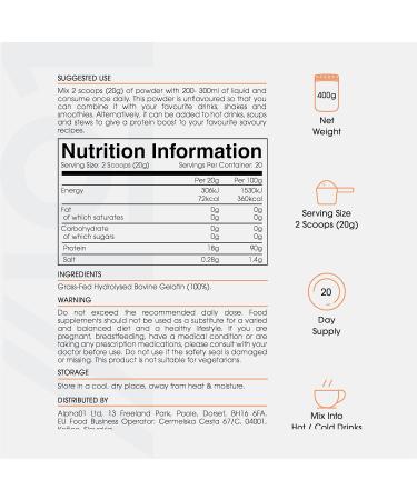 Grass-Fed Beef Bone Broth Protein Powder - 400g Unflavoured - Paleo & Keto Friendly - Halal Kosher - Pack of 1 - Buy Online on GoSupps.com