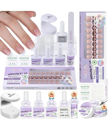 SAVILAND French Gel X Nail Kit: Long-lasting Extra Short Square Press On Nails DUO Thick & Perfect Nude French Gel X Tips Chip-Free Sturdy-Fit Solid Nail Glue Gel U V/LED Lamp Nail Supplies
