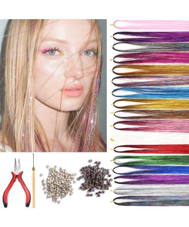 Hair Lametta kit 12 colors hair extensions 100 beige and 100 brown silicone rings sparkling synthetic hair with tools hair accessories for girls hair-lametta set