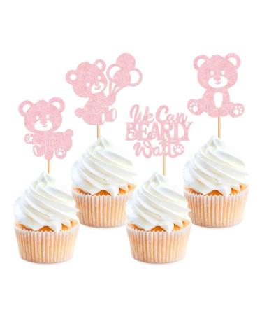 24PCS We Can Bearly Wait Cupcake Toppers Sparkling Balloon Bear Cupcake Toppers Little Bear Theme Baby Shower Decorative Supplies Gender Revealing Theme Children's Birthday Party Supplies Pink Pink3