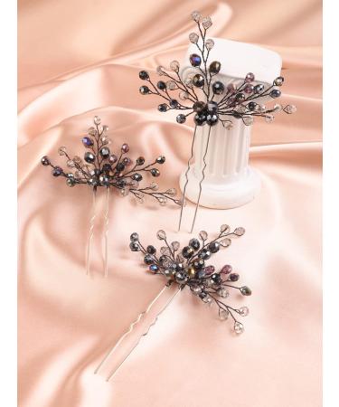 Deniferymakeup Wedding Bridal Black Crystal Hair Pins Theme Party Hair Piece Set Handmade Dark Purple Hair Jewelry for Women and Girls - Buy Online on GoSupps.com