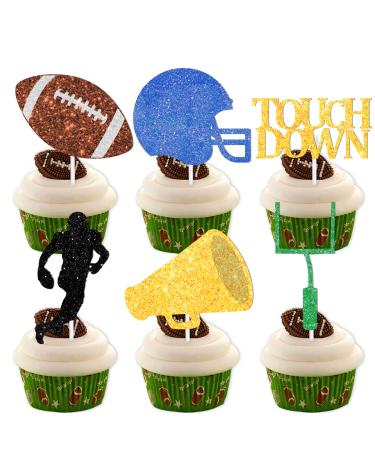 18pcs Glitter Dessert Cupcake Topper for Rugby Ball Super Bowl Touchdown Sport Game Day Theme Decor Supplies Men Boys Happy Birthday Party Decorations