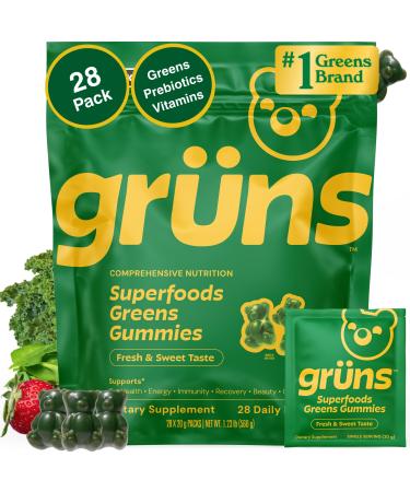 Gruns Adults Super Greens Multivitamin Gummies, Superfood Vitamin Gummy Bears with Spirulina, Chlorella, Prebiotic Fiber for Digestive Health, Adaptogens Supplement, 20 Vitamins & Minerals, 28 Count Low Sugar