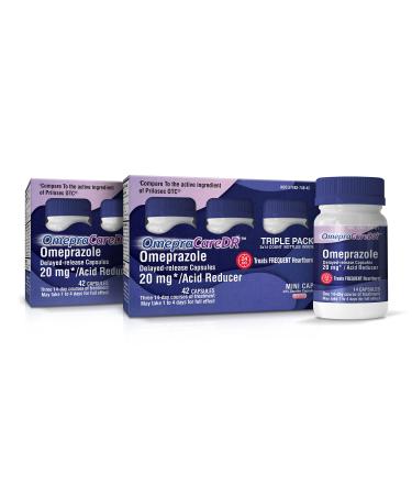 OmepraCareDR 84 Count Capsules Omeprazole 20mg Helps with Frequent Heartburn Relief, (14 Capsules/Bottle) Two 3-Pack Cartons for Six 14-Day Courses, Delayed-Release Mini Capsules