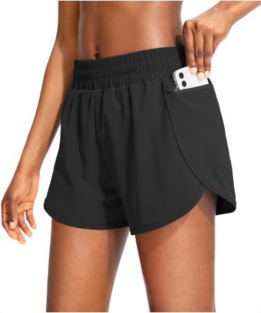 Soothfeel Womens Running Shorts with Zipper Pockets High Waisted Athletic Gym Workout Shorts for Women with Liner Black Large
