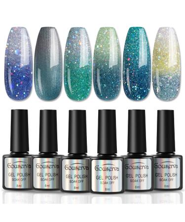 Gouserva Mood Gel Nail Polish Set -Temperature Color Changing Gel Colors Collection Glitter Gel Polish Soak Off 6 Colors color changing gel nail polish Holiday DIY at Home. 0.27 Fl Oz (Pack of 6) S663