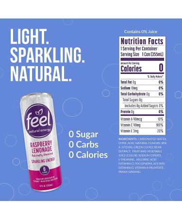 FEEL Sparkling Raspberry Lemonade Energy Drink | Zero Sugar, L-Theanine & Green Coffee | 12 oz (Pack of 12) - Buy Online on GoSupps.com