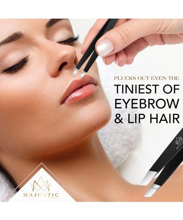 Slant Tweezers Set for Women and Men - Stainless Steel Precision Pluckers for Ingrown Hair, Splinters, Ticks, and Brow, Chin, Facial Hair Removal by Majestic Bombay - Black - Buy Online on GoSupps.com