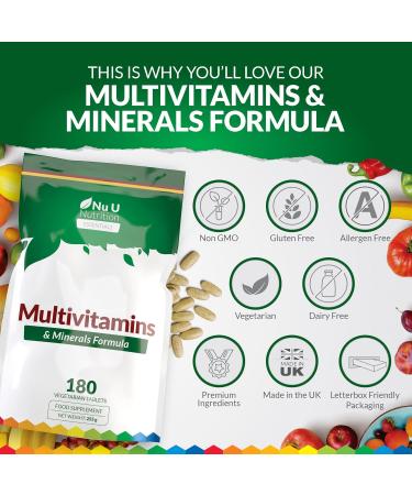 Multivitamin Tablets for Men & Women - 180 Tablets - 6 Month Supply - 25 A-Z Multivitamins & Minerals Including Iron Zinc & Vitamin D - One a Day - Vegetarian - Made in The UK - Nu U Nutrition 180 count (Pack of 1) - Buy Online on GoSupps.com