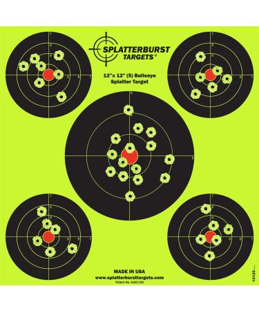 Splatterburst Targets - 12 x12 inch (5) Bullseye Reactive Shooting Target - Shots Burst Bright Fluorescent Yellow Upon Impact - Gun - Rifle - Pistol - Airsoft - BB Gun - Air Rifle 25 pack