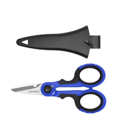 SAMSFX Fishing Heavy Duty Anti-Slip Serrated Edge Scissors Saltwater Freshwater Braid Scissors Braided Line Cutter with Plastic Belt Case Sheath Kit (Common Finger Hole Black & Blue Handle)