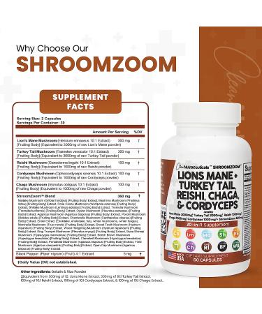 Lions Mane 3000mg 20in1 Mushroom Supplement with Turkey Tail, Reishi, Cordyceps, Chaga, Maitake, and More - Cognitive Energy Focus Pills USA - Buy Online on GoSupps.com