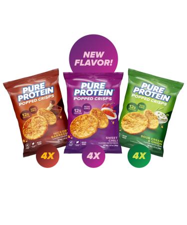 Pure Protein Popped Crisps - Variety Pack: Hickory Barbecue Sour Cream & Onion Sweet Chili - 12g Plant Based Protein Gluten Free Non GMO Vegan Air Popped & Puffed Crisps Healthy Protein Snacks 12 Pack